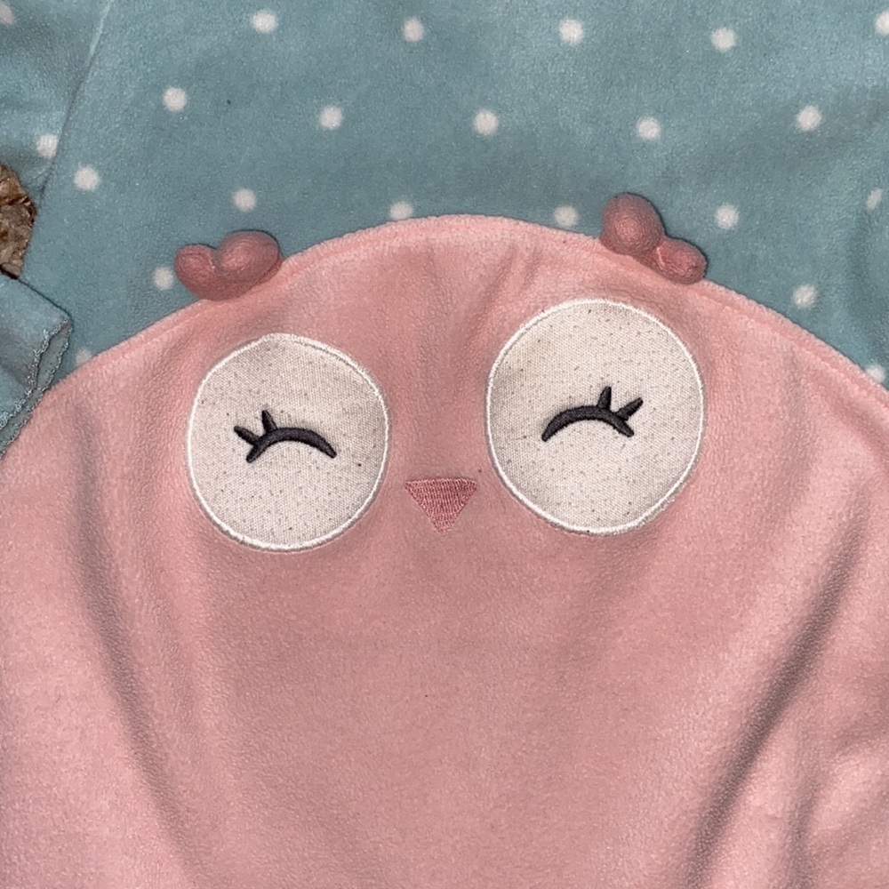 9M girls pink and blue fleece owl one piece outfit - Picture 2 of 4